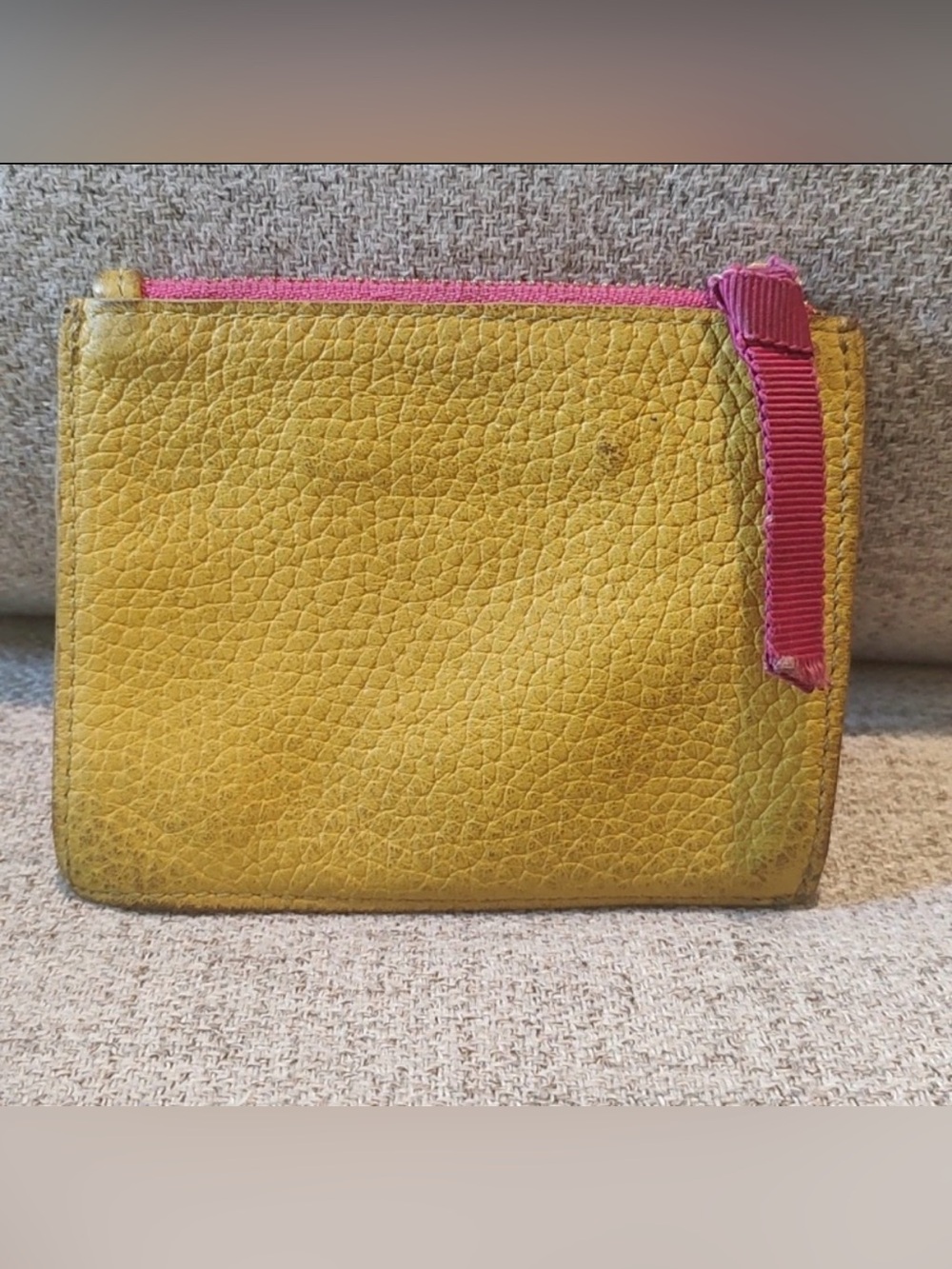 Boden Yellow Leather Zip Card Wallet with Pink Accent